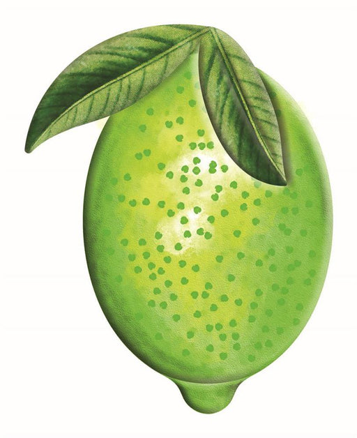 Featuring the 12H x 9.5W Embossed Watercolor Lime (MD071436) in lime green, this design includes a stylized lime with two top leaves and a textured, dotted surface for a vibrant, fresh look.