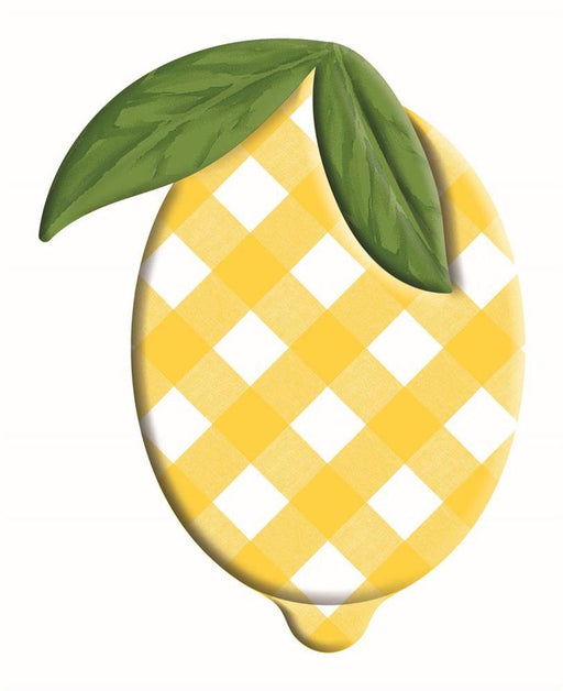 The 12H x 9.5W Embossed Check Lemon in Yellow (MD0722) features a lemon shape with an embossed yellow and white check pattern, elegantly topped with two green leaves.