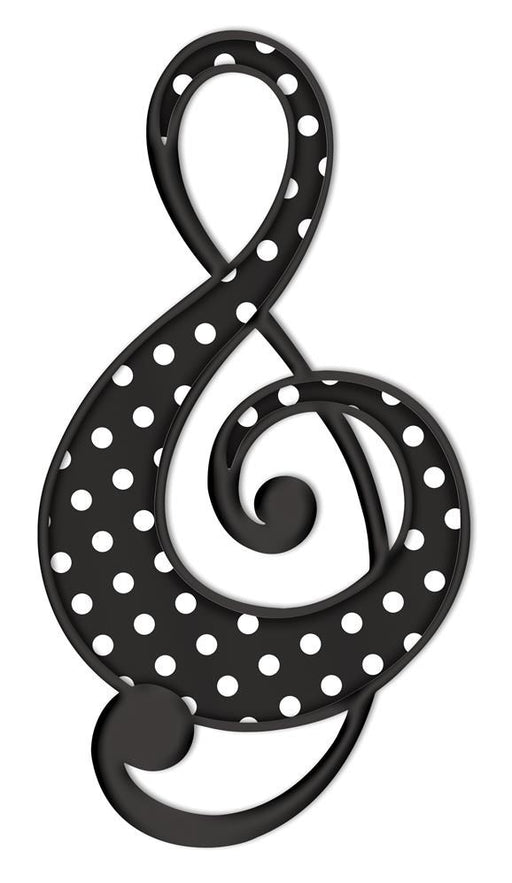 The 16H Metal/Embsd Polka Dot Treble Clef (Black/White) MD0759 features a black treble clef with white polka dots and an embossed metal design, displayed on a plain white background.