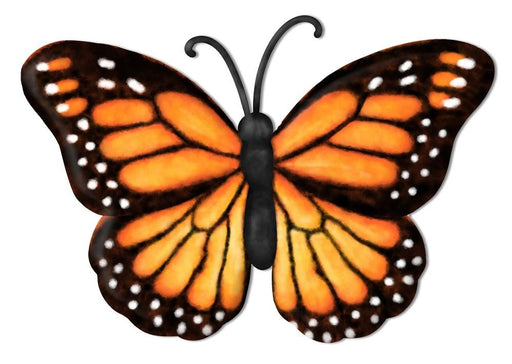 The 12”Lx8.3”H embossed metal monarch butterfly, MD079844, features yellow-orange wings with black and white spots and veins. Displayed against a plain white background, it makes an elegant addition to home decor.