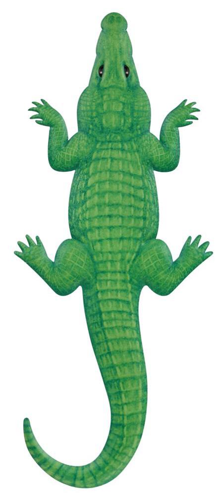 Illustration of a green, lime, and emerald alligator lying flat with legs outstretched, inspired by the 19Hx8L Metal Alligator Shape Sign (Green/Lime/Emerald/Black), MD106258, on a white background.
