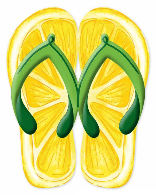 The 12.75Hx10L Metal Flip Flops Sign (MD1089) features a playful yellow, green, and white color scheme with soles designed like lemon slices and green straps resembling peels.