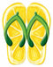 The 12.75Hx10L Metal Flip Flops Sign (MD1089) features a playful yellow, green, and white color scheme with soles designed like lemon slices and green straps resembling peels.