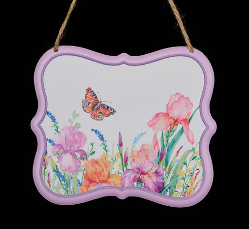 The 7L x 6H sign (MD1357) features embossed irises and butterflies over a watercolor of pink and orange flowers. It has a white, lavender, pink, and orange theme and hangs elegantly by twine.