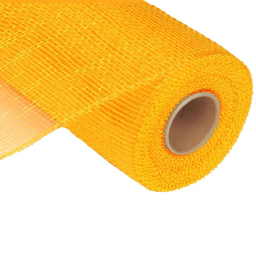 Partially unrolled, the 10 Gold Gold Two Tone Deco Poly Mesh RE130048 reveals its grid-like pattern with vibrant yellow and hints of gold. Made from polypropylene fabric, the roll core is visible against a clean white background.