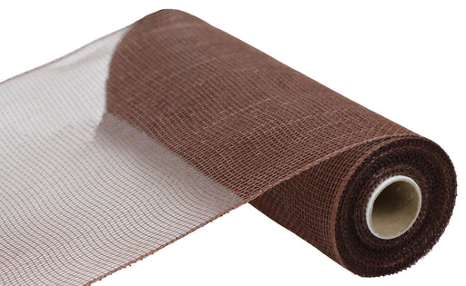 The 10"X10Yd Mesh Milk Chocolate RE1302MC, made from polypropylene, is partially unrolled, showcasing its intricate weave pattern and cylindrical form.
