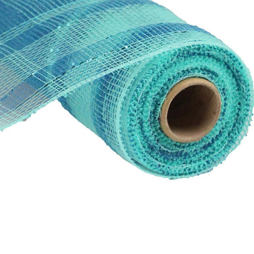 The 10 Aqua Turquoise Plaid Metallic Deco Poly Mesh RE1383RA roll features partially unrolled fabric on a sturdy cylindrical core, with woven light blue and turquoise hues creating an elegant, eye-catching blend.