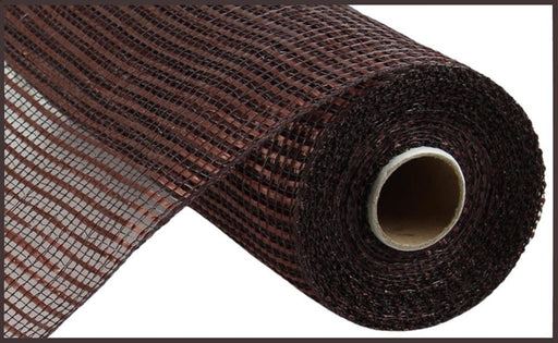 A close-up image features a roll of the 10"X10Yd Horizontal Wide Stripe Mesh in dark brown (RE8900TJ). The fabric, with its tight grid-like pattern, measures 10 inches by 10 yards and is displayed at an angle with the open end directed towards the viewer.