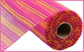 The 10x10yd Hot Pink Yellow Horizontal Wide Stripe Mesh RE8902WM is a decorative, slightly transparent polypropylene fabric roll featuring bright pink, yellow, and gold horizontal wide stripes with a grid-like pattern.