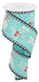 A spool of 2.5" x 10 yards ribbon called "Bunnies On Royal/Check Ice Blue/White/Pink" features a design with white bunnies wearing red bows, set against an ice blue background and edged with a black and white checkered pattern.