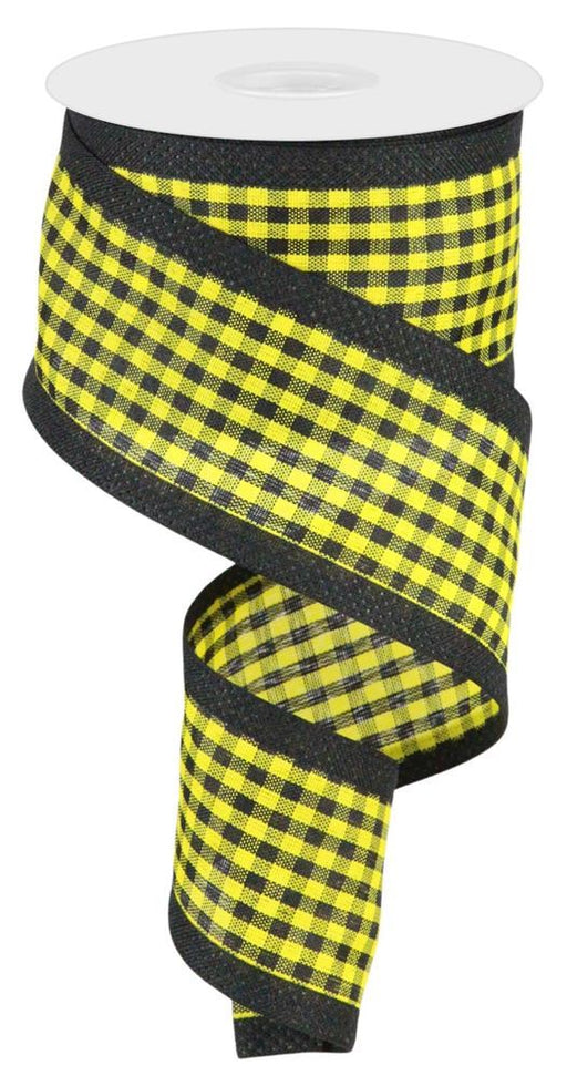 The 2.5X10Yd Gingham/Royal Yellow/Black RGA803557 ribbon, rolled in a spiral, adds a touch of elegance with its yellow and black gingham check pattern and black edges.