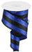 A 2.5x10yd spool of 3-in-1 shimmer glitter/tinsel ribbon in royal blue/black, RGA8144M9, partially unrolled with spiraling stripes and a textured black fringe.
