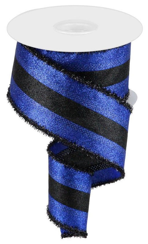 A 2.5x10yd spool of 3-in-1 shimmer glitter/tinsel ribbon in royal blue/black, RGA8144M9, partially unrolled with spiraling stripes and a textured black fringe.