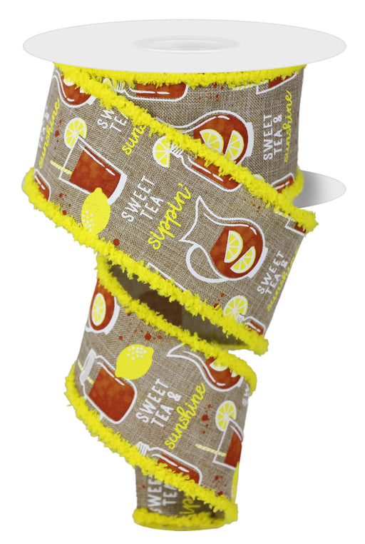 Add a touch of summer with this 2.5X10Yd Sweet Tea On Royal/Drift ribbon (Lt Beige/White/Yellow/Tan/Rust)—featuring pitchers, glasses, lemons, and “SWEET TEA & sunshine”—perfect for lively seasonal décor!.