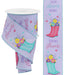 The 2.5X10Yd Rainboots W/Floral ribbon features a purple design with red rainboot illustrations filled with colorful florals, repeating the phrases Spring flowers and Rain showers bring, and is framed by fluttering butterflies.