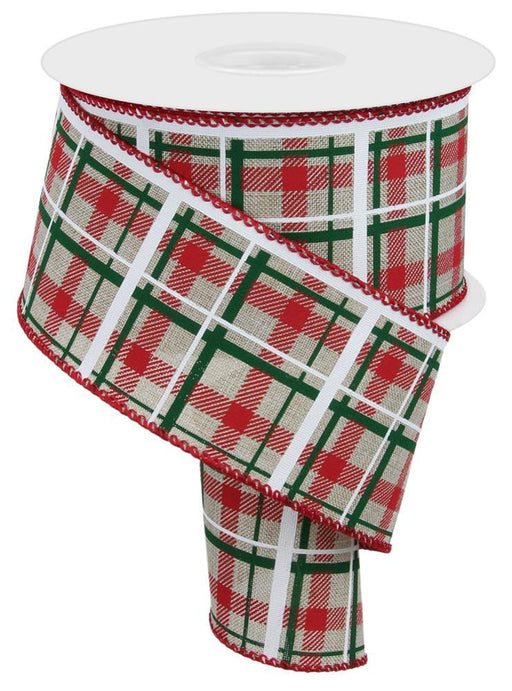 The 2.5X10Yd Printed Plaid/Royal Ribbon (RGC1541NF) in natural, red, emerald, and white elegantly unrolls to reveal its classic plaid pattern, enhanced by a red trim. It stands vertically against a white background, perfect for adding elegance to any festive decor.