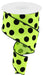 A partially unwound roll of 2.5 X 10 yards lime green/black velvet polka dot ribbon, model RGC162933, reveals its vibrant pattern.