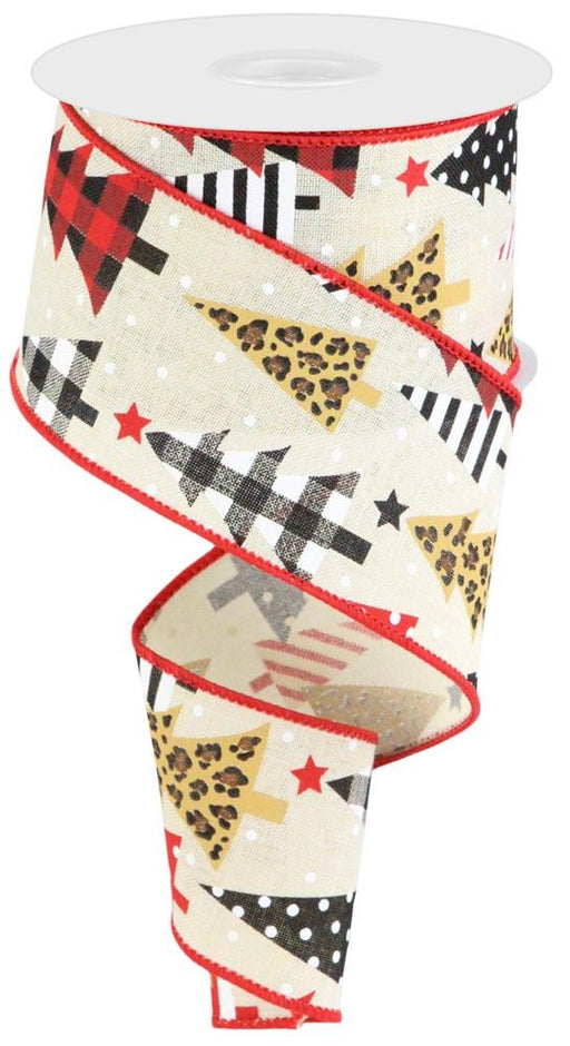 A partially unwound spool of the 2.5X10Yd Ribbon features patterned trees in plaid, stripes, leopard print with red stars and dots on Royal Cream/Red/Lt Tan/Brown/Black. It boasts a striking red wired border. (RGC1755C2).