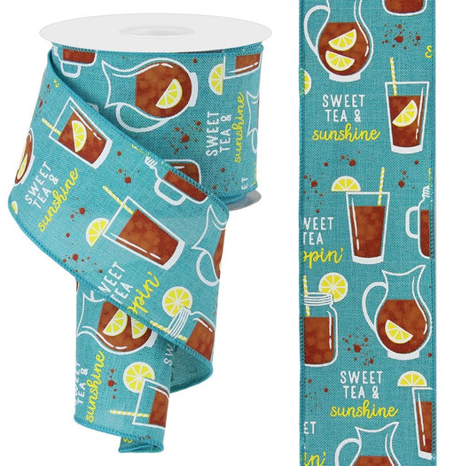 The 2.5X10Yd Sweet Tea On Royal ribbon in Lt Teal/White/Yellow/Tan/Rust, RGE1088F3, features sweet tea illustrations with lemon slices and splashes. The text Sweet Tea & Sunshine graces the sunny 2.5 wired ribbon, both rolled out and spooled for a decorative touch.