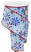 The 2.5X10Yd Pale Blue Red Blue White Vintage Pinwheels Rge115614 ribbon features a light blue background with vintage pinwheel starburst designs in red, white, and royal blue. It is wired and partially unwound, with glittery red edges that enhance its festive charm.