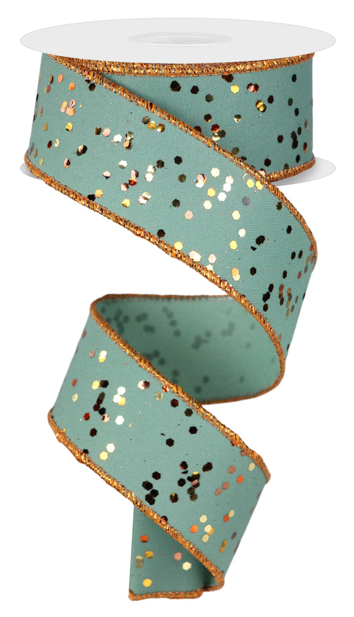 The 1.5X10Yd Sprinkled Hex Glitter Finish Ribbon in Sage/Brown/Rust/Copper/Gold (RGE1253FG) features teal with gold-edged trim, adorned with gold and black glitter dots and unspools in a spiral for a festive look.