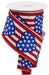 The 2.5X10Yd Stars In Heart/Vertical Stripe White/Red/Blue RGE126127 ribbon features red and white stripes with royal blue, star-filled hearts, echoing the American flag design, and is partially unrolled.