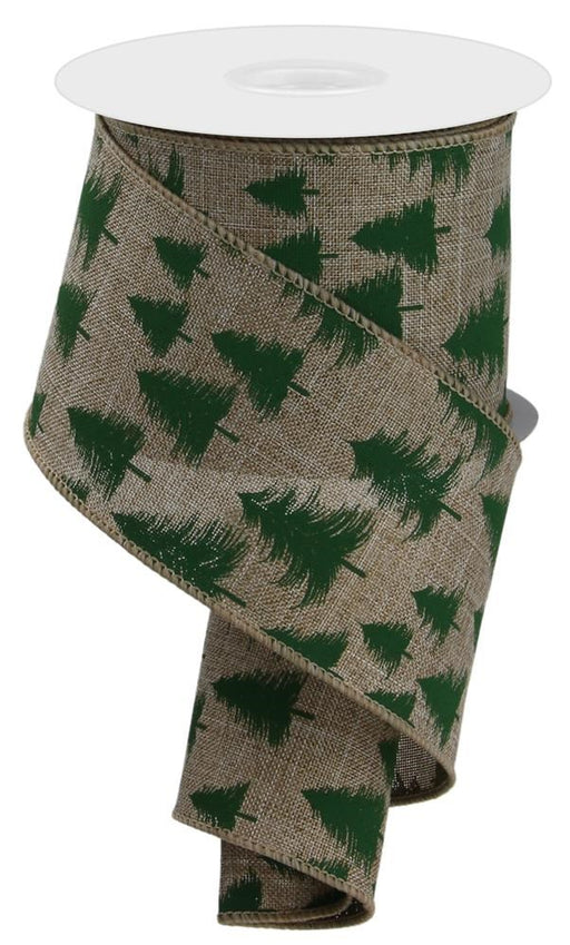 The 2.5 X 10Yd Wispy Trees Lt Beige/Dk Green ribbon gracefully unwinds, revealing its beige fabric with delicate tree designs, ideal for adding a festive or natural touch.