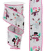 The 2.5 x 10Yd Chubby Snowman Ribbon (White/Pink/Black/Mint/Brn, RGE137027) features cheerful snowmen with hats, scarves, and mittens among trees and pinecones on pink-edged white wired fabric, shown both rolled and unrolled.