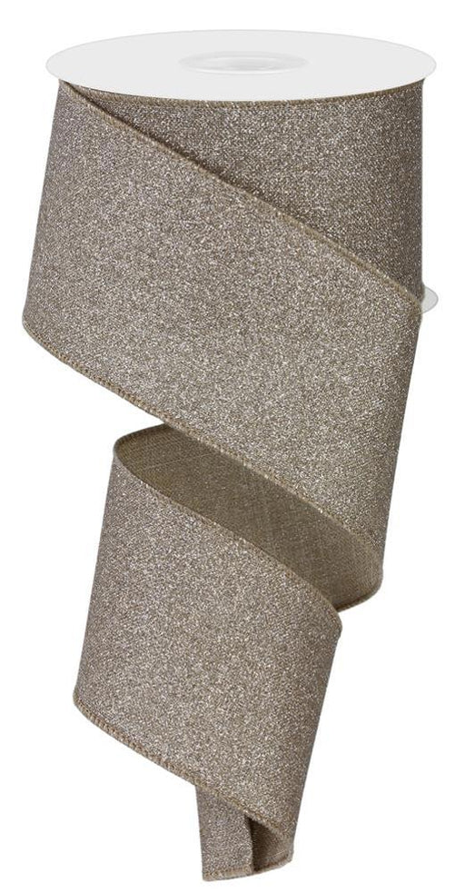 A spool of 2.5x10yd Fine Glitter on Royal Taupe ribbon (RGE138139) with a sparkly texture unspools in a loose spiral.