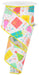 A 2.5X10Yd spool of wired ribbon, RGE1633J7, showcases birthday-themed designs like gifts, party hats, and confetti with party and celebrate boldly printed on a white background featuring white, peach, teal, and pink colors.
