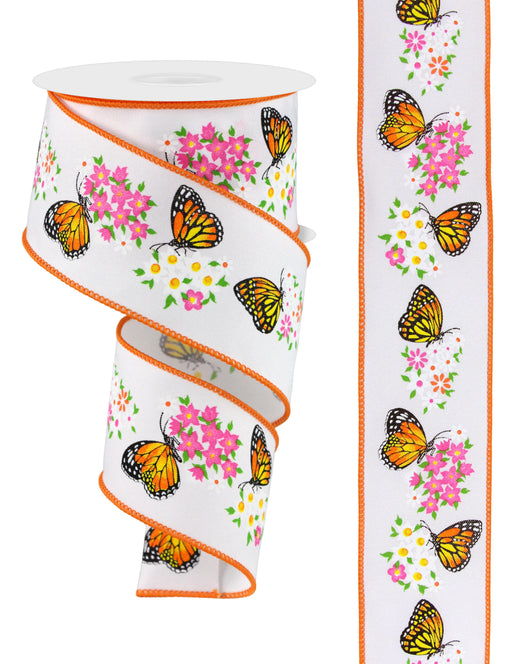 The 2.5X10Yd Butterfly W/Flowers White/Multi RGE174927 ribbon features orange-edged white/multi flowers with monarch butterflies fluttering amid pink and white blooms, elegantly displayed in both spiral and flat views to capture its intricate charm.