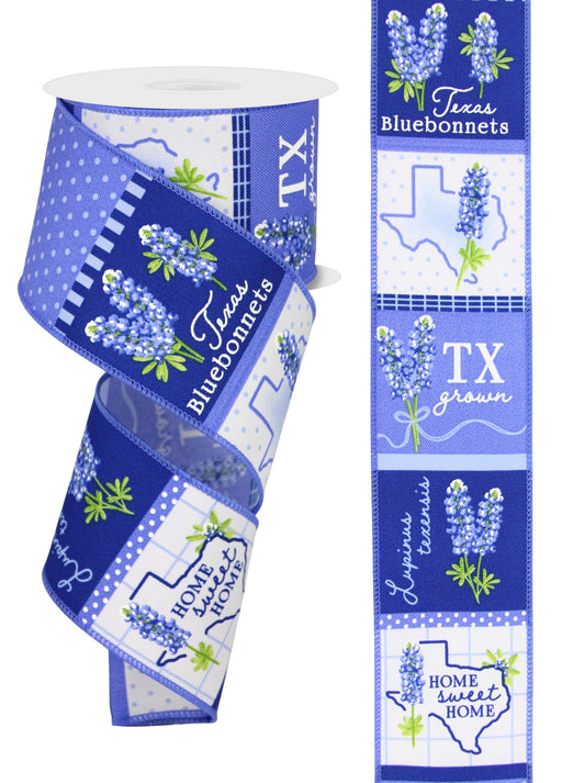 The 2.5X10Yd Bluebonnets On Diagonal Blue/Green/White ribbon, product code RGE1768NL, features Texas-themed graphics like bluebonnet flowers, the Texas shape, and phrases such as Texas Bluebonnets, TX grown, and Home sweet home.