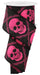 The 2.5X10Yd Hot Pink/Black/Grey Skulls RGE181111 features black fabric with bright pink skulls and lace-like pentagrams, partially unrolled and stylishly spiraled around the spool.