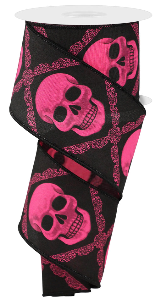 The 2.5X10Yd Hot Pink/Black/Grey Skulls RGE181111 features black fabric with bright pink skulls and lace-like pentagrams, partially unrolled and stylishly spiraled around the spool.