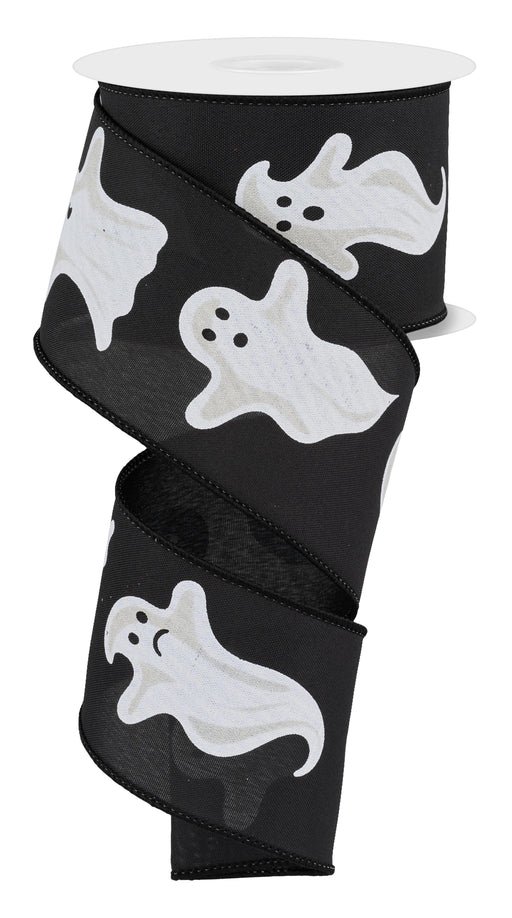 A spool of 2.5X10Yd Black/White Ghosts RGE193802 ribbon, decorated with white cartoon ghosts, unspooled and curling downward in a spiral.