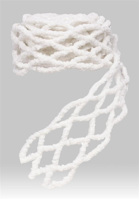 A partially unrolled 118L Flocked Snow Net Ribbon White W/White Mica (RN5087) with a fluffy mesh texture is displayed on a plain gray background, adding a delicate white accent to décor or craft projects.