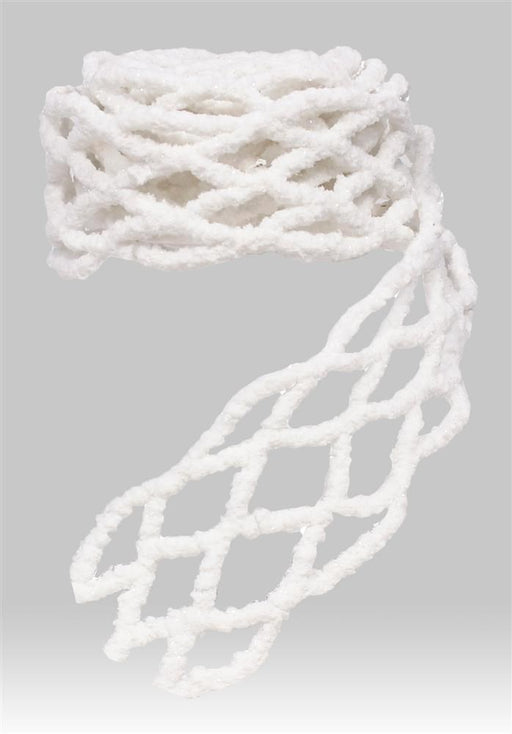 A partially unrolled 118L Flocked Snow Net Ribbon White W/White Mica (RN5087) with a fluffy mesh texture is displayed on a plain gray background, adding a delicate white accent to décor or craft projects.