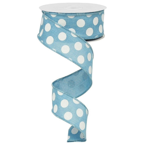 The 1.5" Medium Multi Dot Turquoise White Ribbon RX9145A2, unrolled in a spiral with its charming turquoise hue and white polka dots, adds a whimsical touch. Made from 100% polyester, this ribbon is ideal for crafts or gifts.