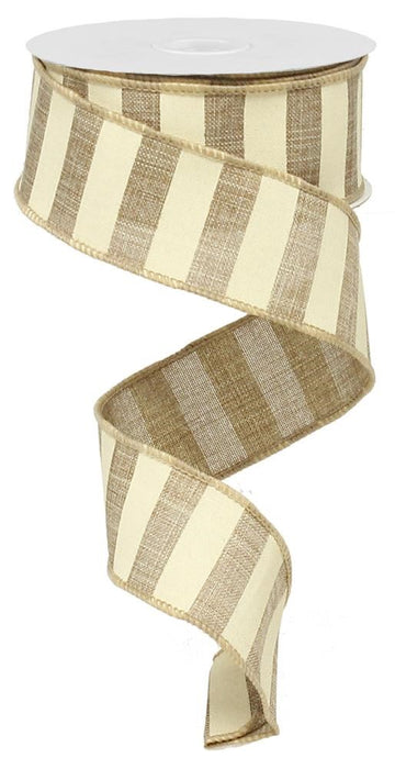 A spool of 1.5X10Yd Horizontal Stripe Beige/Ivory ribbon (RX9148TT), partially unraveled in a loose spiral.