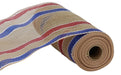 The 10.25X10Yd Wide Matte Border Stripe Natural/Red/White/Blue RY8035EK ribbon features red and blue horizontal stripes on a partially unrolled burlap mesh, revealing its open-weave texture against a neutral background.