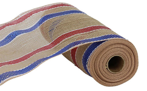 The 10.25X10Yd Wide Matte Border Stripe Natural/Red/White/Blue RY8035EK ribbon features red and blue horizontal stripes on a partially unrolled burlap mesh, revealing its open-weave texture against a neutral background.
