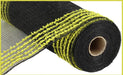 The 10.25X10Yd Drift/Pp Wide Border Mesh Black/Yellow (RY8115AA) features striking bright yellow stripes on the edges with a plain black base, tightly rolled around a visible cardboard core.