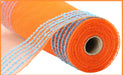 The 10.25X10Yd Drift/Pp Wide Border Mesh Orange/Turquoise RY8115AJ, featuring a roll of vibrant orange mesh with turquoise accents, is partially unrolled to show the cylindrical core against a plain white background.