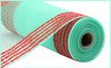 A partially unfurled roll of the 10.25"X10Yd Drift/PP Wide Border Mesh in Mint Green/Red (Product Code: RY8115W9) showcases its open weave structure, with horizontal red lines against a mint green backdrop beautifully accentuated by the matching aqua background.