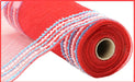 A partially unrolled roll of 10.25X10Yd Drift/Pp Wide Border Mesh, featuring flexible woven texture in red with turquoise and white accents (RY8116Y9).