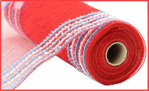 A partially unrolled roll of 10.25X10Yd Drift/Pp Wide Border Mesh, featuring flexible woven texture in red with turquoise and white accents (RY8116Y9).