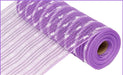 A 10.5 Metallic Cotton Ball Mesh Lavender White RY820068 ribbon roll displays its textured pattern with white dots on lavender against a pristine white background.