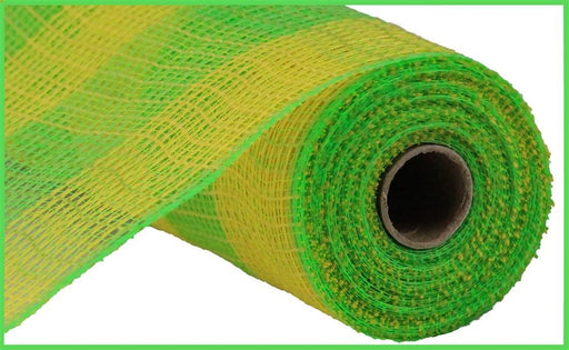 The 10.25X10Yd Faux Jute/Pp Large Check Yellow/Fresh Green RY8315B3 features a vibrant yellow/fresh green faux jute mesh fabric with a grid-like texture, wrapped snugly around a cardboard core, highlighting the green hue on the edges of its check pattern.