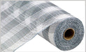 A close-up of the 10.25x10yd Faux Jute/PP Small Check White/Grey mesh fabric (RY8320J8), partially unrolled to reveal its white and grey small check pattern, textured faux jute surface, and cylindrical cardboard core.
