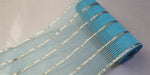 A partially unrolled roll of 10.25X10Yd Poly/Jute/Metallic Mesh in ice blue features diagonal matte gold and silver glitter stripes, highlighting its elegant shimmer.